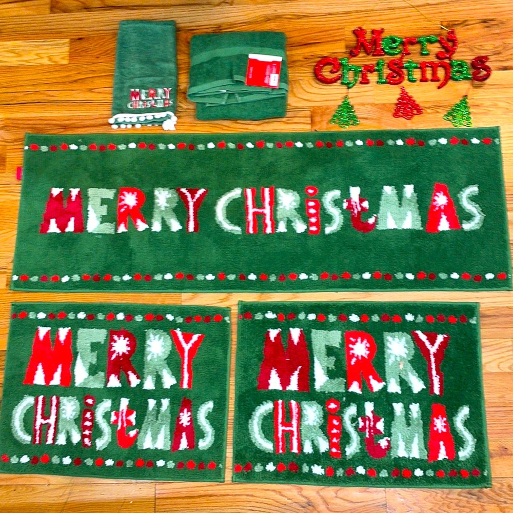 NEW 5 Piece Green Merry Christmas Holiday bathroom rug towel set